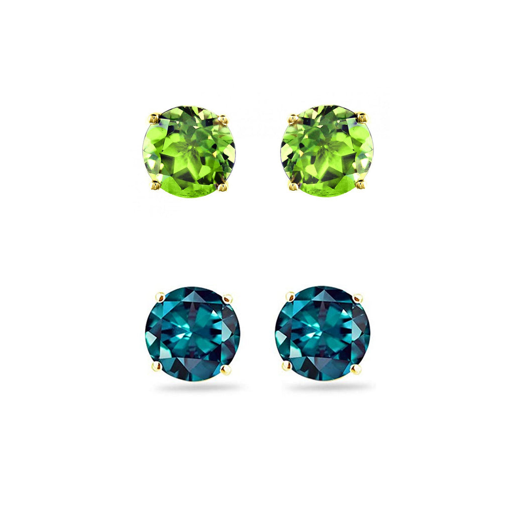 14k Yellow Gold Plated 4Ct Created Peridot and Alexandrite 2 Pair Round Stud Earrings