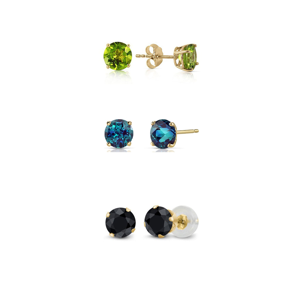 14k Yellow Gold Plated 4Ct Created Peridot, Alexandrite and Black Sapphire 3 Pair Round Stud Earrings