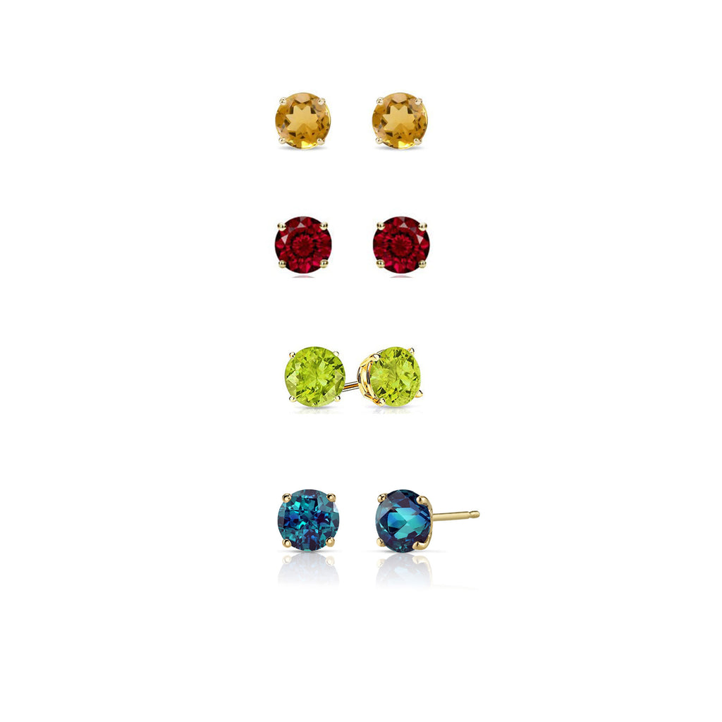 14k Yellow Gold Plated 2Ct Created Citrine, Garnet, Peridot and Alexandrite 4 Pair Round Stud Earrings