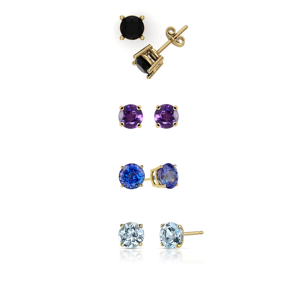 18k Yellow Gold Plated 2Ct Created Black Sapphire, Amethyst, Tanzanite and Aquamarine 4 Pair Round Stud Earrings