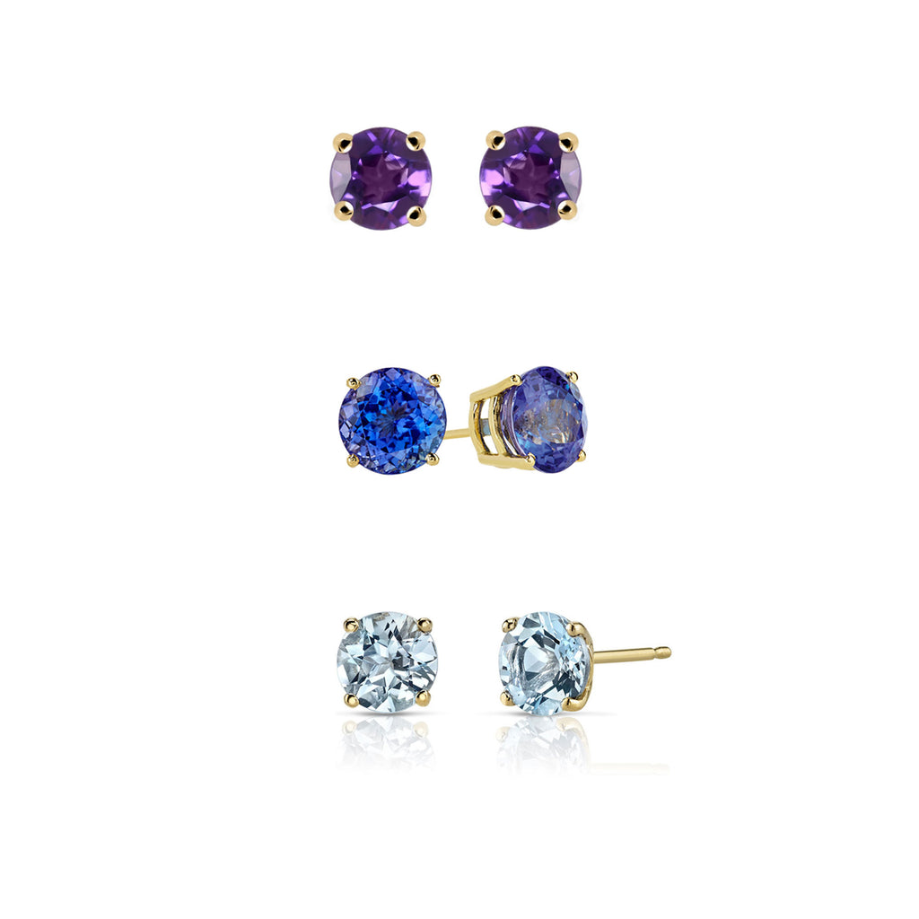 18k Yellow Gold Plated 2Ct Created Amethyst, Tanzanite and Aquamarine 3 Pair Round Stud Earrings