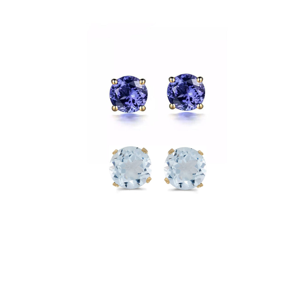 18k Yellow Gold Plated 3Ct Created Tanzanite and Aquamarine 2 Pair Round Stud Earrings