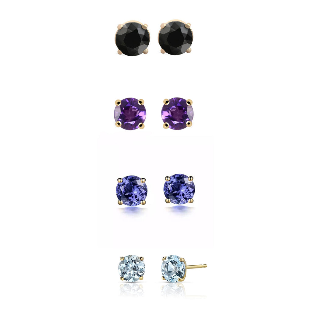 24k Yellow Gold Plated 2Ct Created Black Sapphire, Amethyst, Tanzanite and Aquamarine 4 Pair Round Stud Earrings