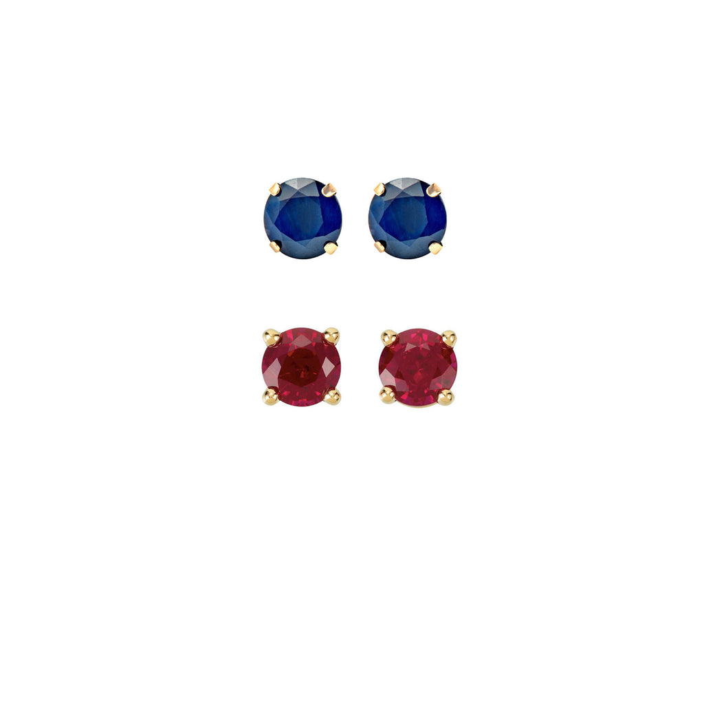 24k Yellow Gold Plated 4Ct Created Blue sapphire and  Ruby 2 Pair Round Stud Earrings