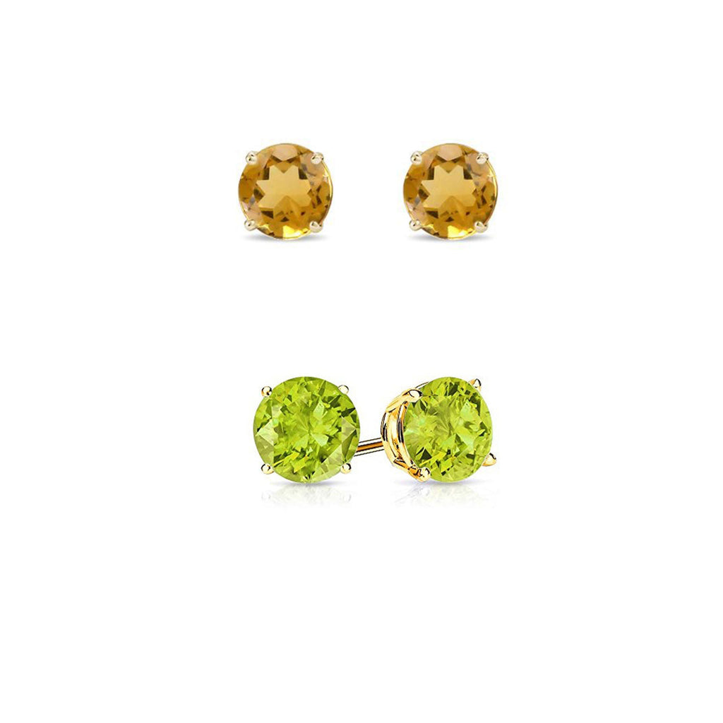 14k Yellow Gold Plated 1/2Ct Created Citrine and Peridot 2 Pair Round Stud Earrings