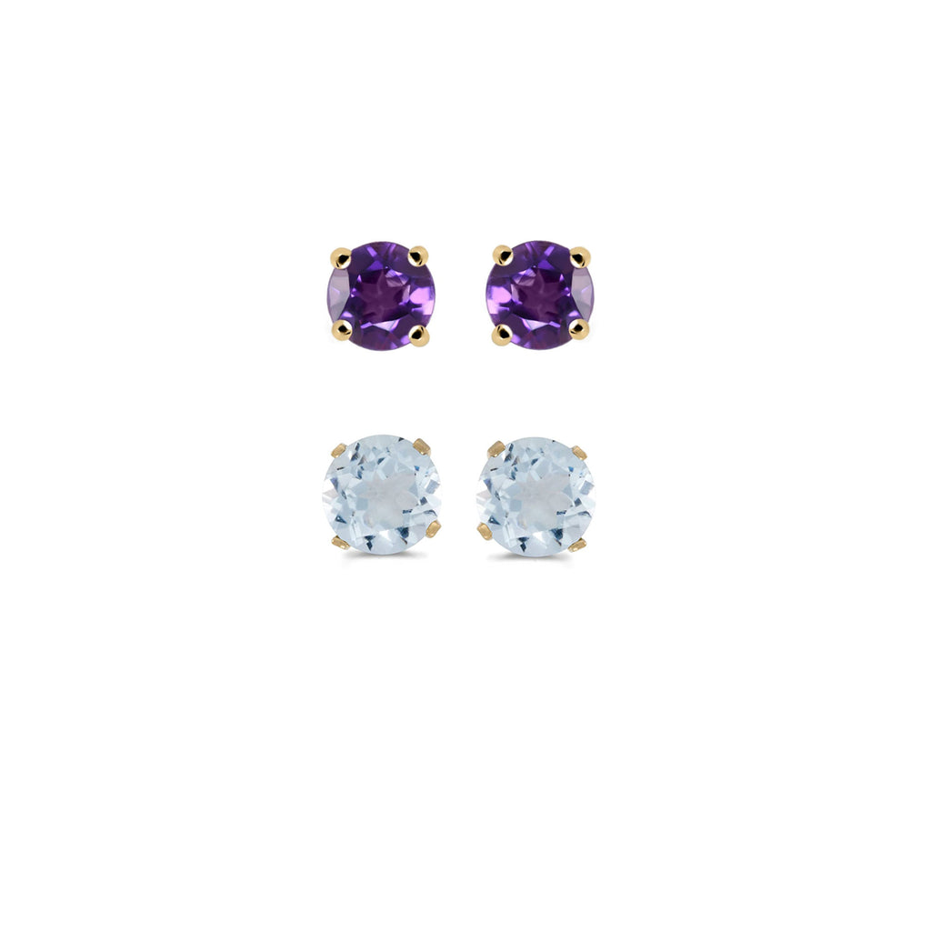 14k Yellow Gold Plated 2Ct Created Amethyst and Aquamarine 2 Pair Round Stud Earrings