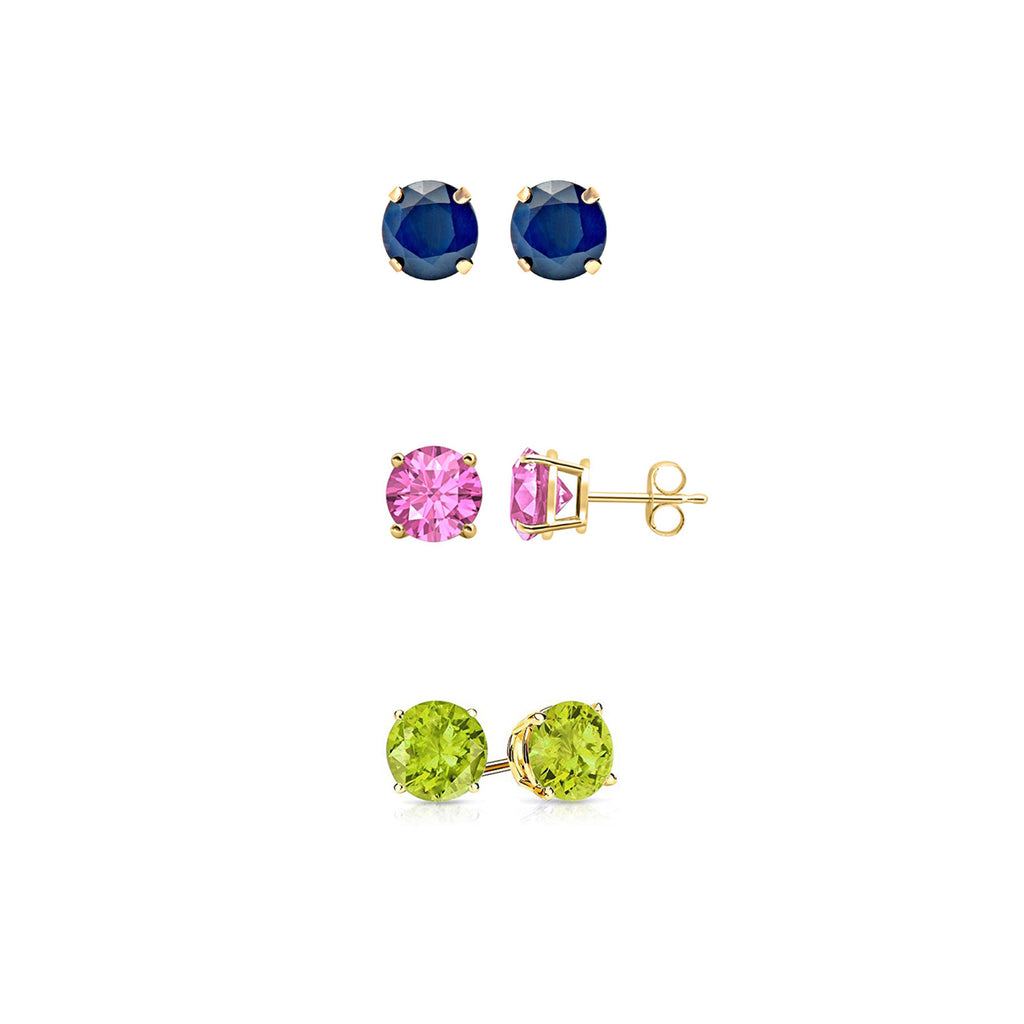 14k Yellow Gold Plated 1Ct Created Blue Sapphire, Pink Sapphire and Peridot 3 Pair Round Stud Earrings