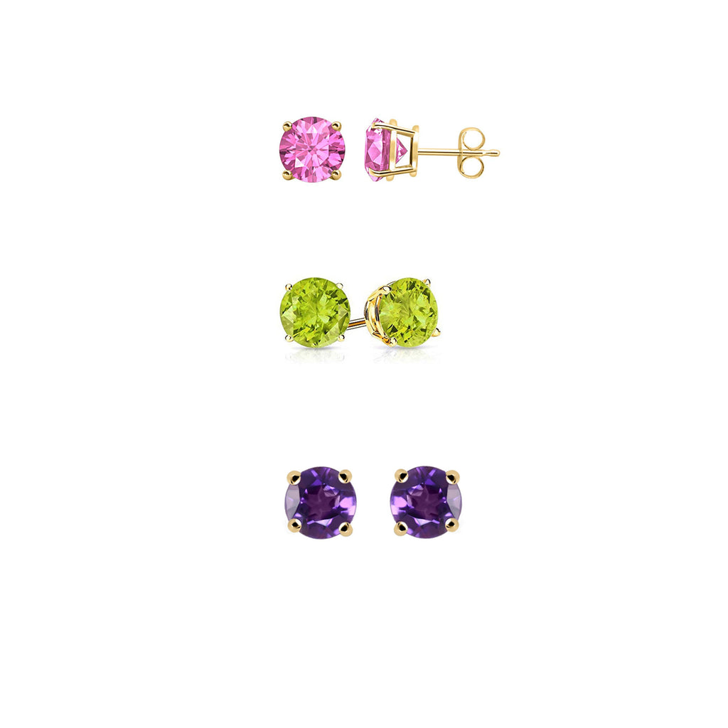 18k Yellow Gold Plated 2Ct Created Pink Sapphire, Peridot and Amethyst 3 Pair Round Stud Earrings