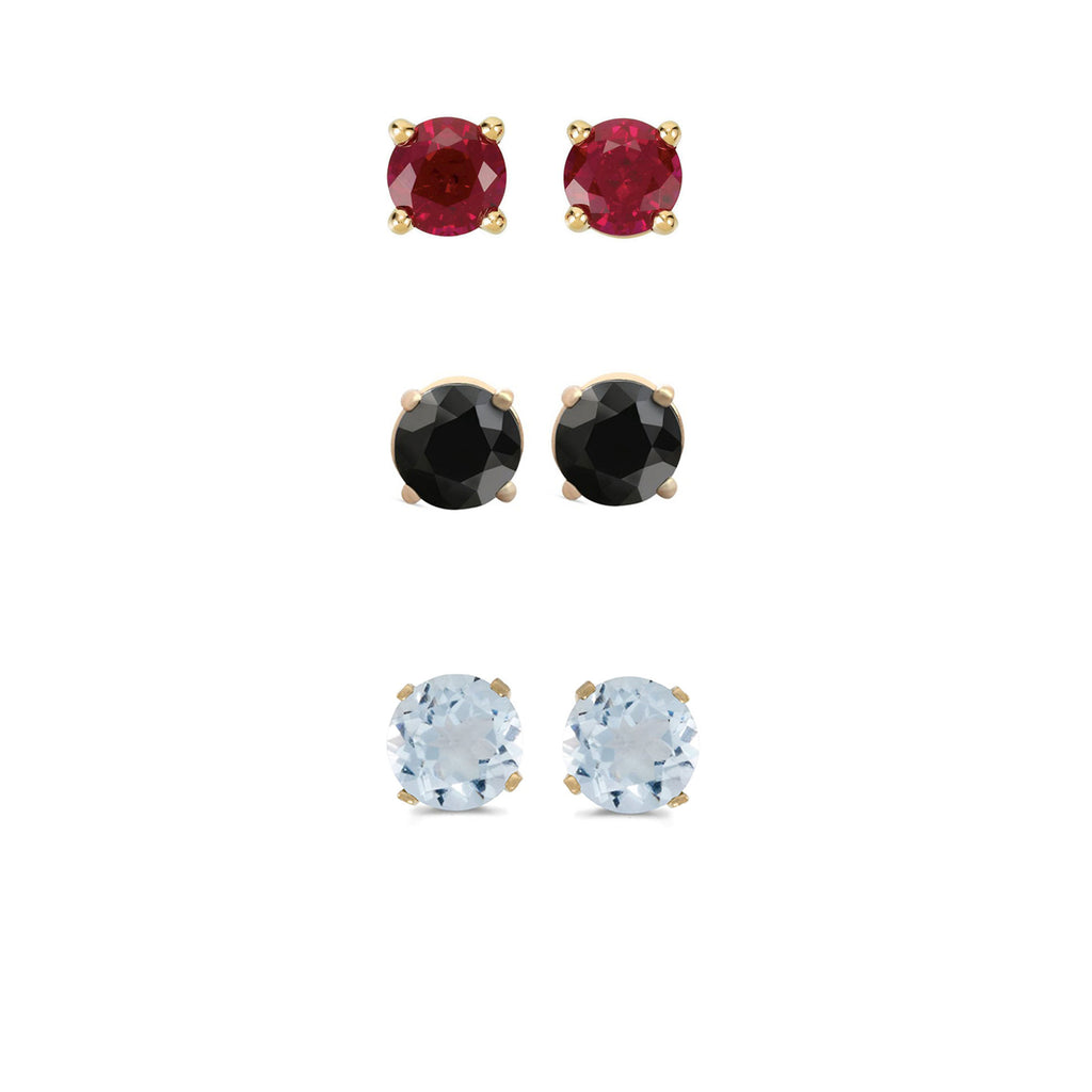 18k Yellow Gold Plated 1Ct Created Garnet, Black Sapphire and Aquamarine 3 Pair Round Stud Earrings