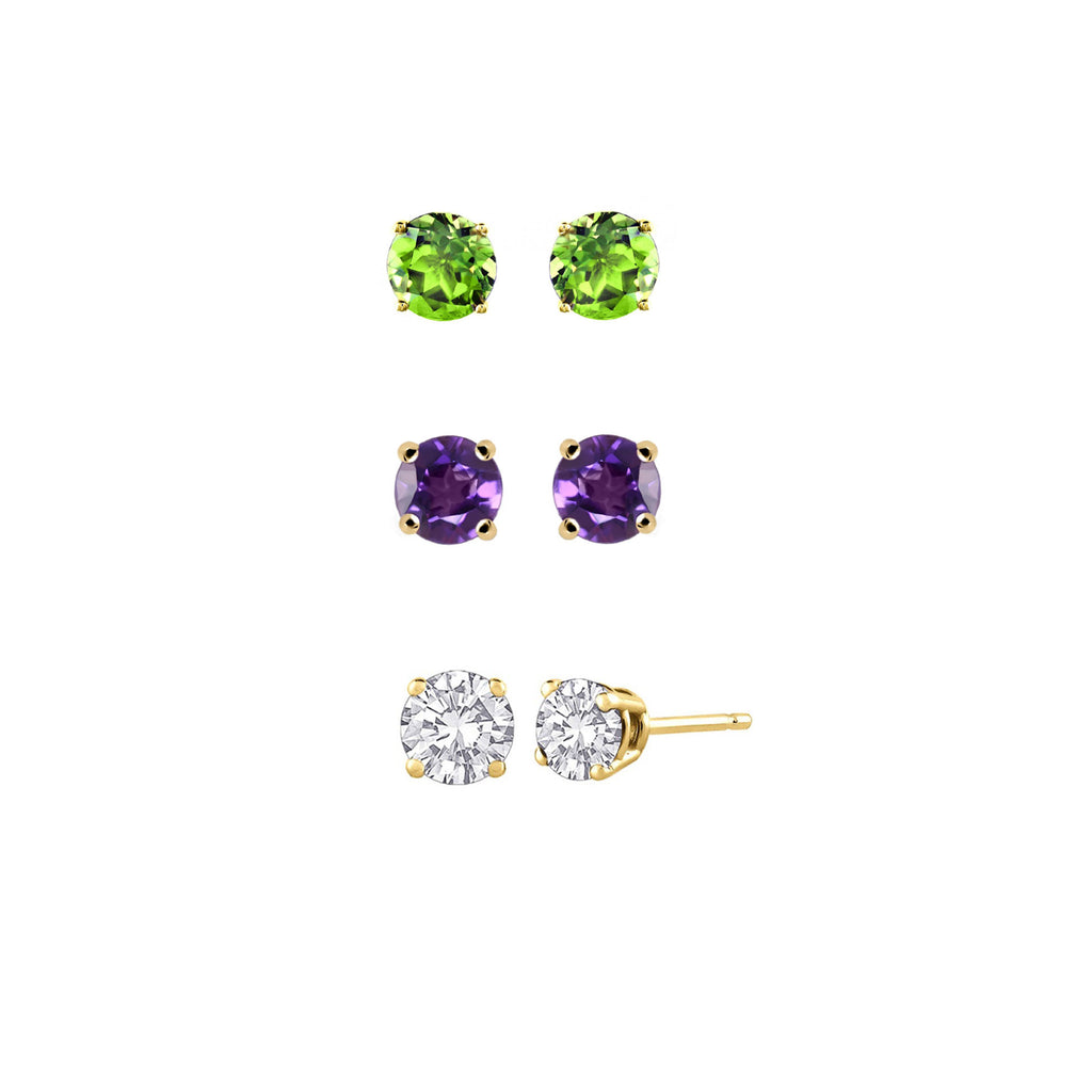 14k Yellow Gold Plated 2Ct Created Peridot, Amethyst and White Sapphire 3 Pair Round Stud Earrings