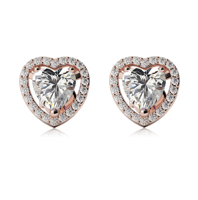 14k Rose Gold Plated 2 Ct Created Halo Heart White Sapphire Stud Earrings