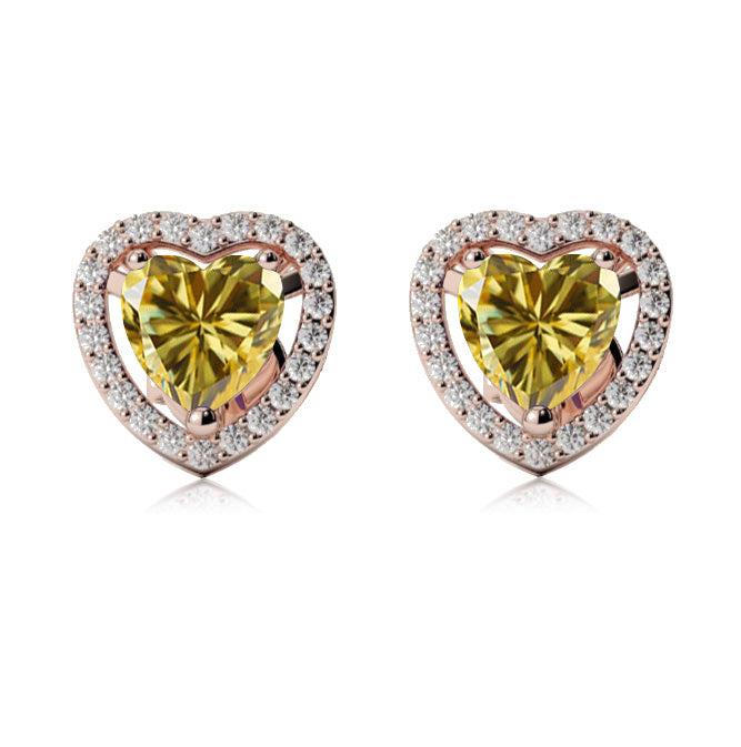 14k Rose Gold Plated 3 Ct Created Halo Heart Yellow Sapphire Stud Earrings