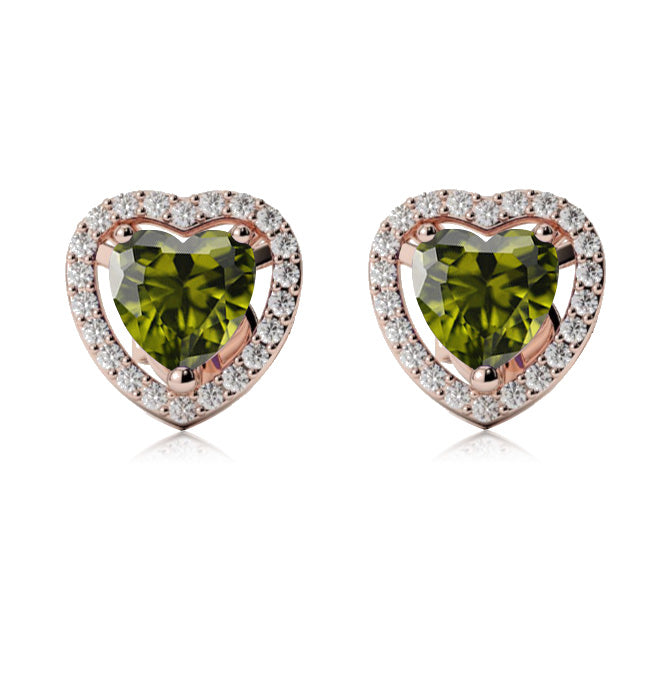 24k Rose Gold Plated 2 Ct Created Halo Heart Peridot Stud Earrings