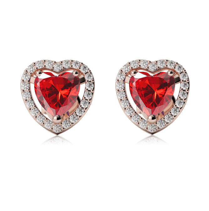 14k Rose Gold Plated 1 Ct Created Halo Heart Ruby Stud Earrings