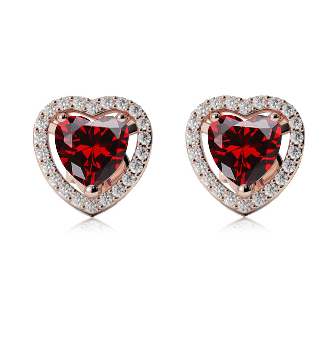 10k Rose Gold Plated 1/2 Ct Created Halo Heart Garnet Stud Earrings