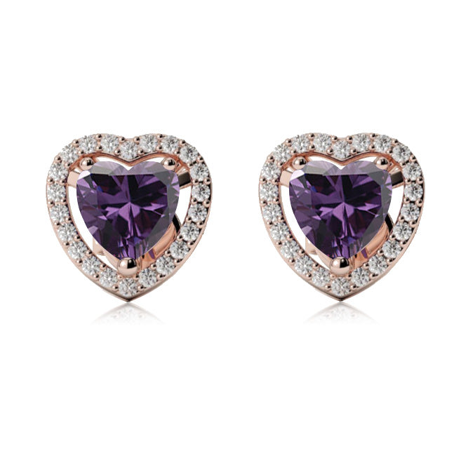 14k Rose Gold Plated 2 Ct Created Halo Heart Amethyst Stud Earrings