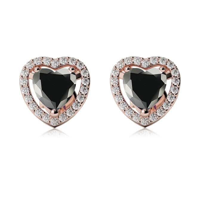 10k Rose Gold Plated 1/2 Ct Created Halo Heart Black Sapphire Stud Earrings