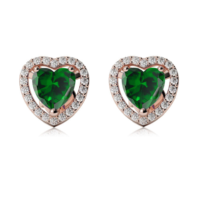 14k Rose Gold Plated 2 Ct Created Halo Heart Emerald Stud Earrings