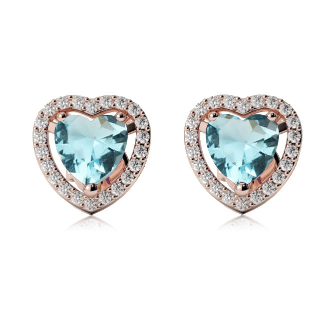 18k Rose Gold Plated 1/2 Ct Created Halo Heart Aquamarine Stud Earrings