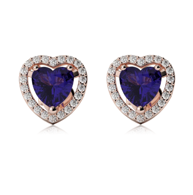 14k Rose Gold Plated 4 Ct Created Halo Heart Blue Sapphire Stud Earrings