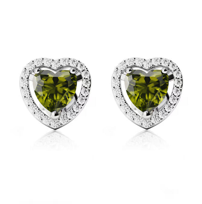 24k White Gold Plated 1/2 Ct Created Halo Heart Peridot Stud Earrings