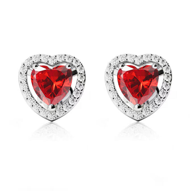 24k White Gold Plated 2 Ct Created Halo Heart Ruby Stud Earrings