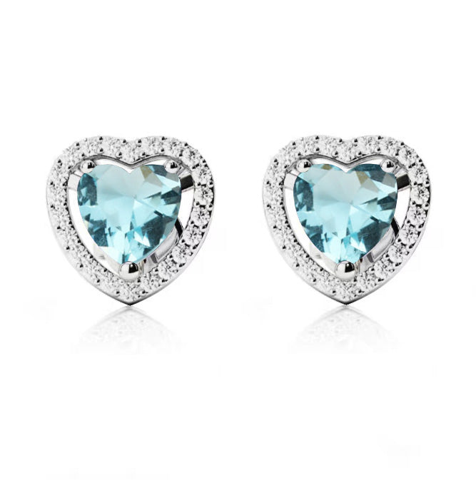 24k White Gold Plated 1/2 Ct Created Halo Heart Aquamarine Stud Earrings