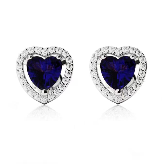 10k White Gold Plated 3 Ct Created Halo Heart Blue Sapphire Stud Earrings