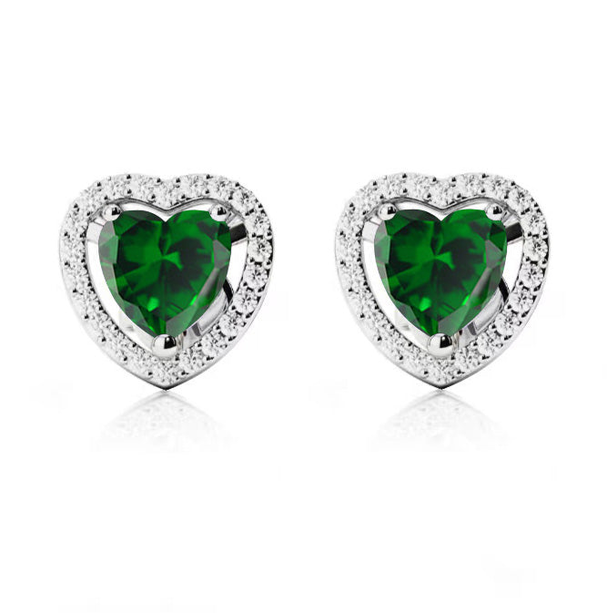 10k White Gold Plated 1/2 Ct Created Halo Heart Emerald Stud Earrings