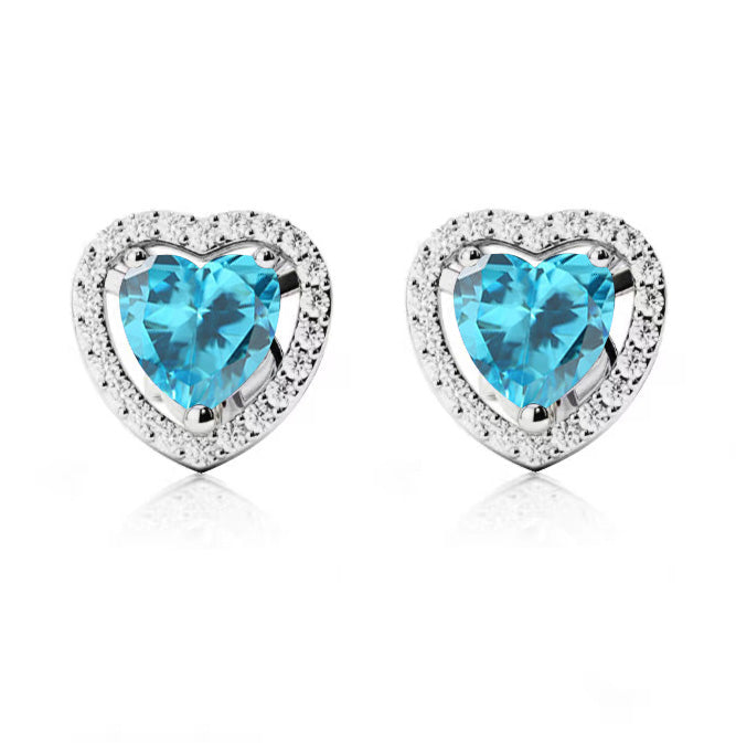 10k White Gold Plated 3 Ct Created Halo Heart Blue Topaz Stud Earrings