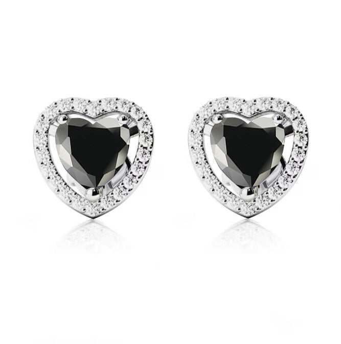 10k White Gold Plated 1 Ct Created Halo Heart Black Sapphire Stud Earrings