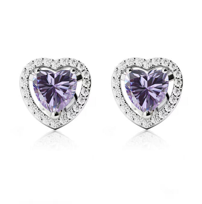 10k White Gold Plated 1/2 Ct Created Halo Heart Tanzanite Stud Earrings