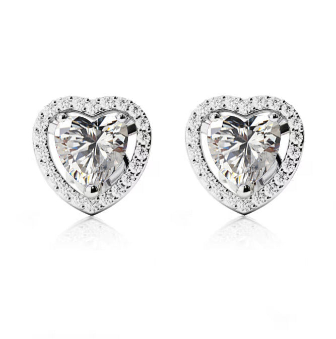 10k White Gold Plated 1/2 Ct Created Halo Heart White Sapphire Stud Earrings