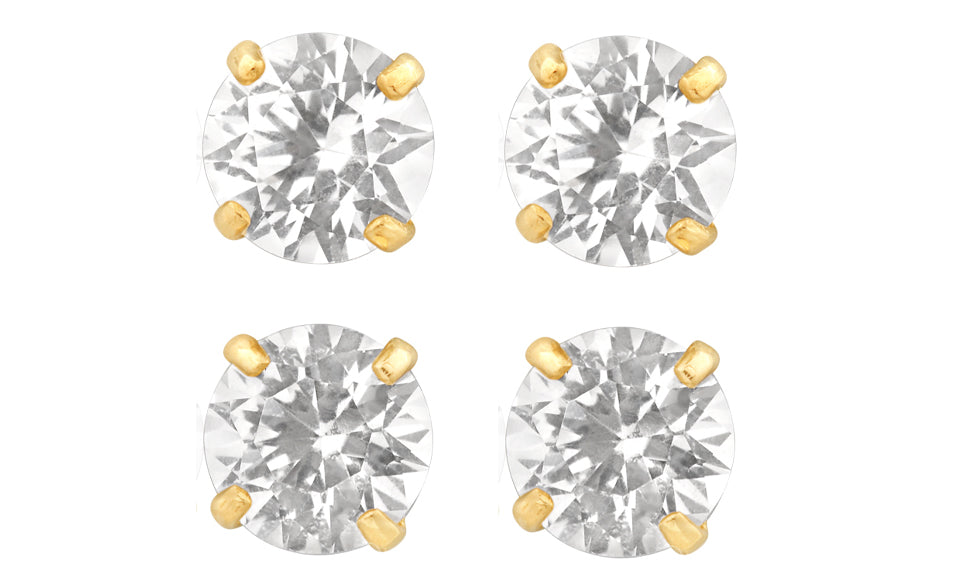 14k Yellow Gold Plated 6mm 2Ct Round White Sapphire Set Of Two Stud Earrings