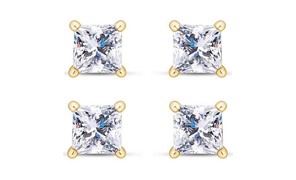 18k Yellow Gold Plated 4mm 1Ct Princess Cut White Sapphire Set Of Two Stud Earrings