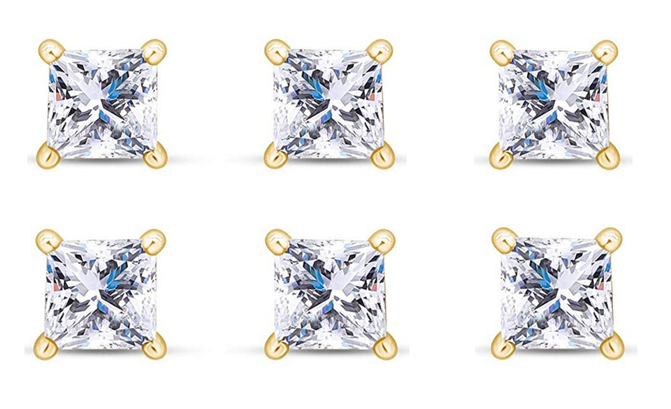 18k Yellow Gold Plated 4mm 1/2Ct Princess Cut White Sapphire Set Of Three Stud Earrings