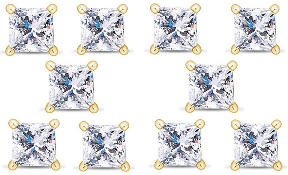 14k Yellow Gold Plated 6mm 3Ct Princess Cut White Sapphire Set Of Five Stud Earrings