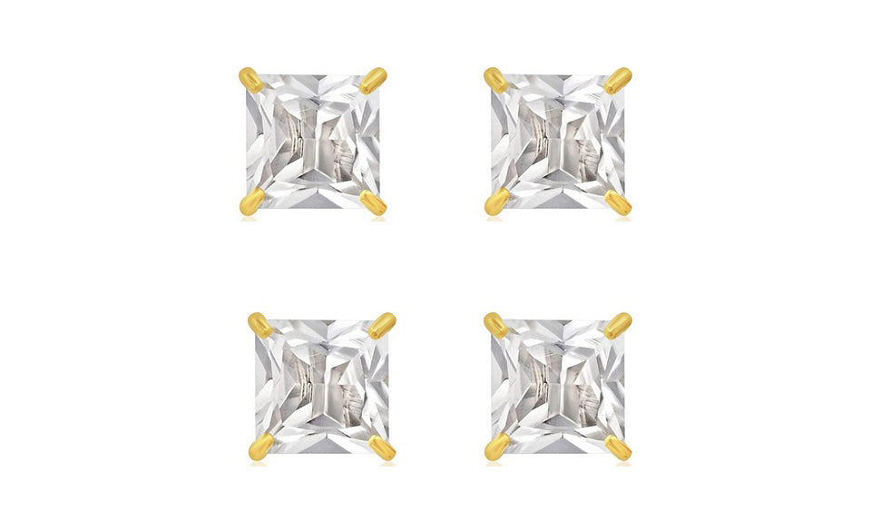 14k Yellow Gold Plated 4mm 3Ct Square Cut White Sapphire Set Of Two Stud Earrings