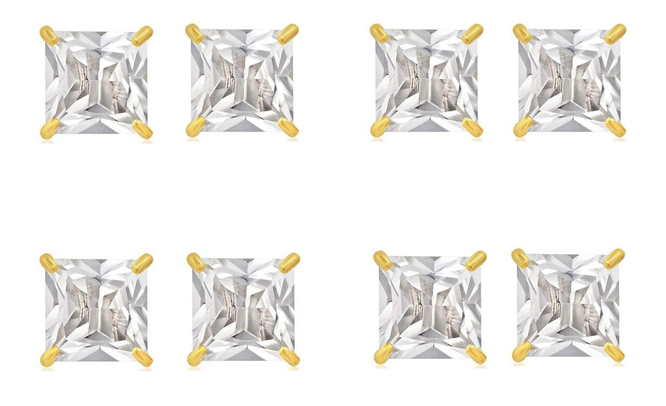 14k Yellow Gold Plated 6mm 4Ct Square Cut White Sapphire Set Of Four Stud Earrings