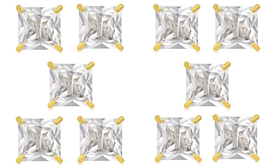 14k Yellow Gold Plated 6mm 3Ct Square Cut White Sapphire Set Of Five Stud Earrings