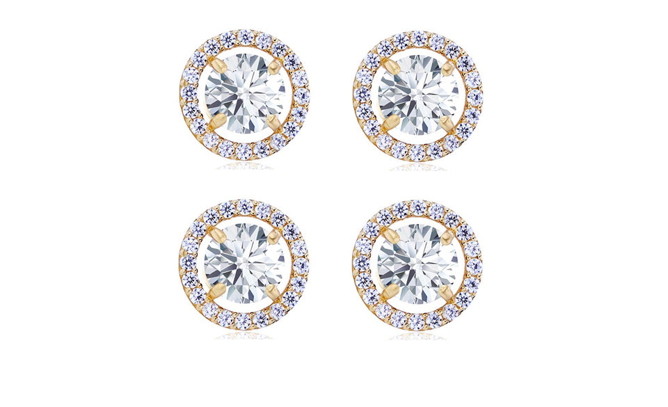 14k Yellow Gold Plated 6mm 1/2Ct Round White Sapphire Set Of Two Halo Stud Earrings