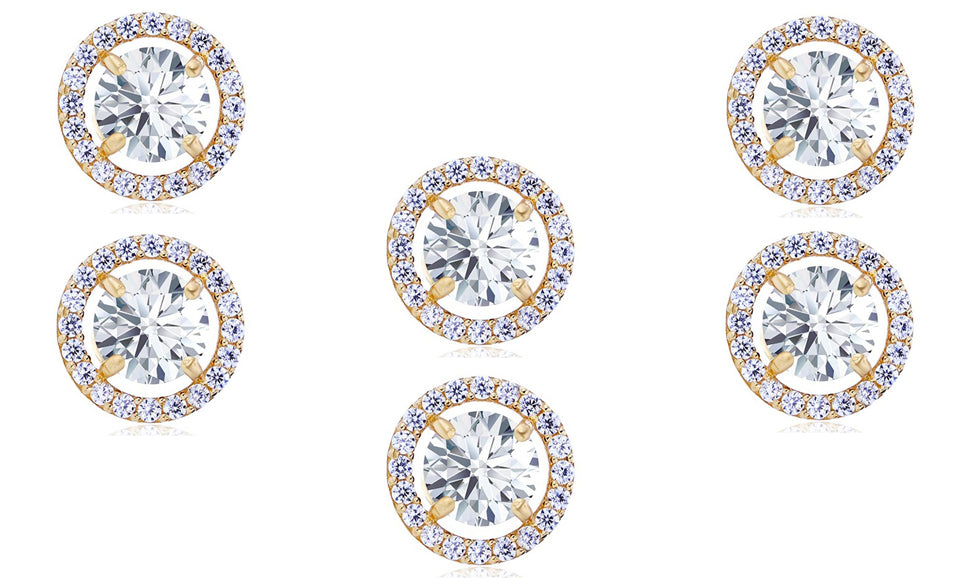 14k Yellow Gold Plated 4mm 1Ct Round White Sapphire Set Of Three Halo Stud Earrings