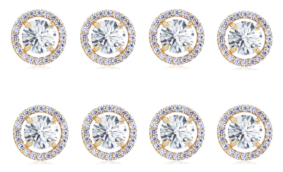 14k Yellow Gold Plated 6mm 3Ct Round White Sapphire Set Of Four Halo Stud Earrings