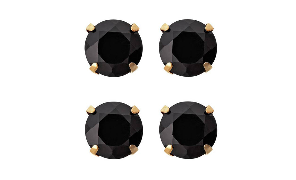 18k Yellow Gold Plated Created Black Sapphire 2 Carat Round Pack of Two Stud Earrings