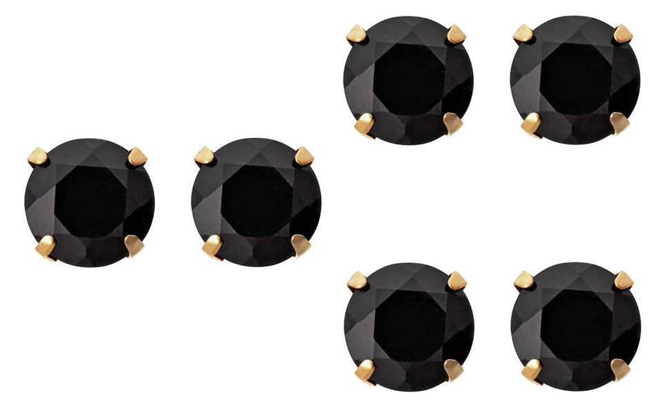 10k Yellow Gold Plated Created Black Sapphire 1/2 Carat Round Pack of Three Stud Earrings