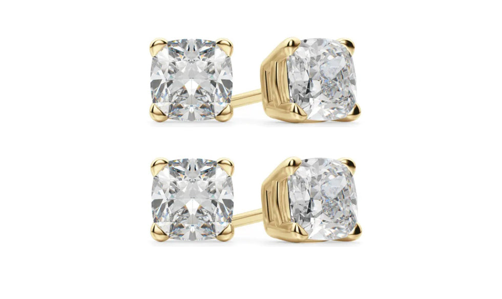 14k Yellow Gold 6mm 1Ct Cushion Cut White Sapphire Set Of Two Stud Earrings Plated