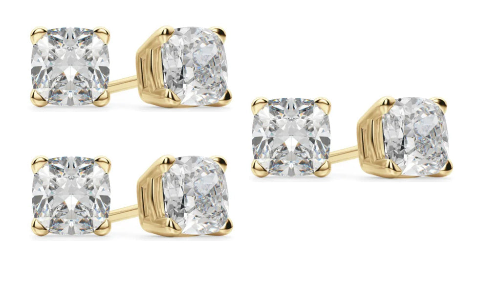 14k Yellow Gold 4mm 1/2Ct Cushion Cut White Sapphire Set Of Three Stud Earrings Plated