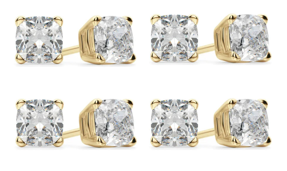 14k Yellow Gold 4Ct Cushion Cut White Sapphire Set Of Four Stud Earrings Plated