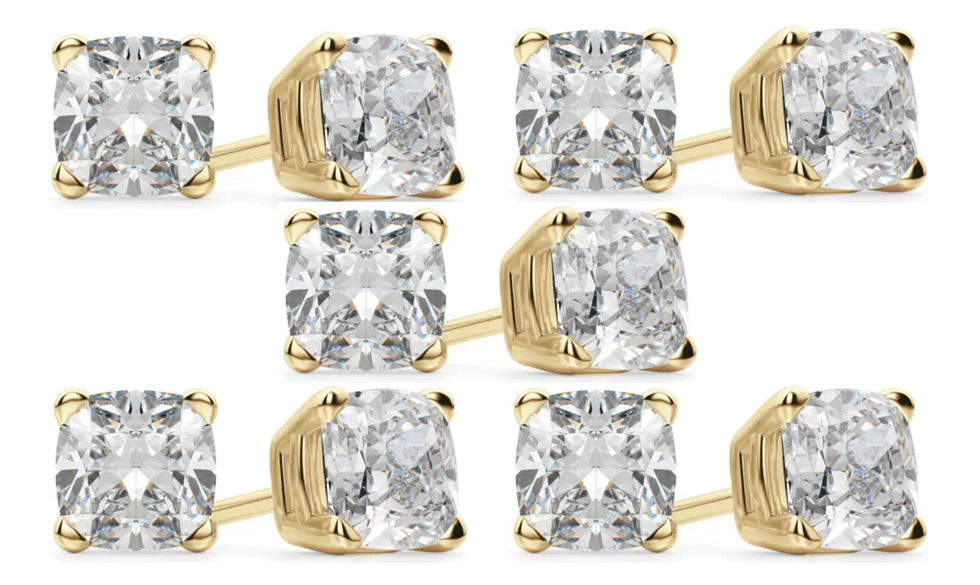 14k Yellow Gold 4Ct Cushion Cut White Sapphire Set Of Five Stud Earrings Plated