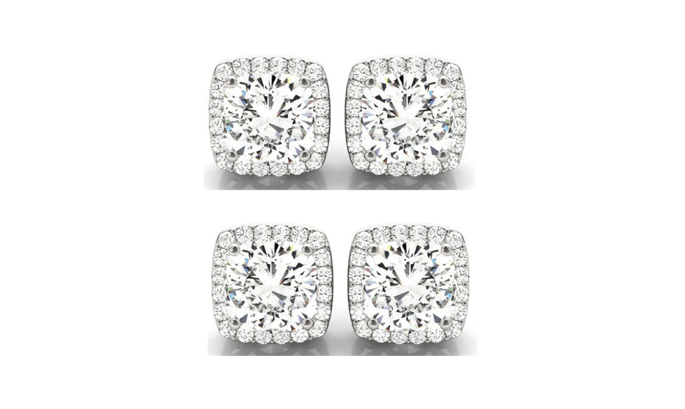 14k White Gold 6mm 3Ct Cushion Cut White Sapphire Set Of Two Halo Stud Earrings Plated